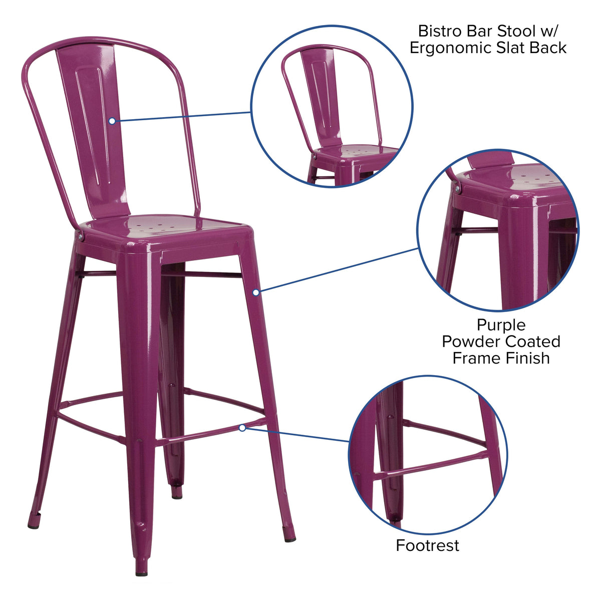 Purple |#| 30inch High Purple Metal Indoor-Outdoor Barstool with Back