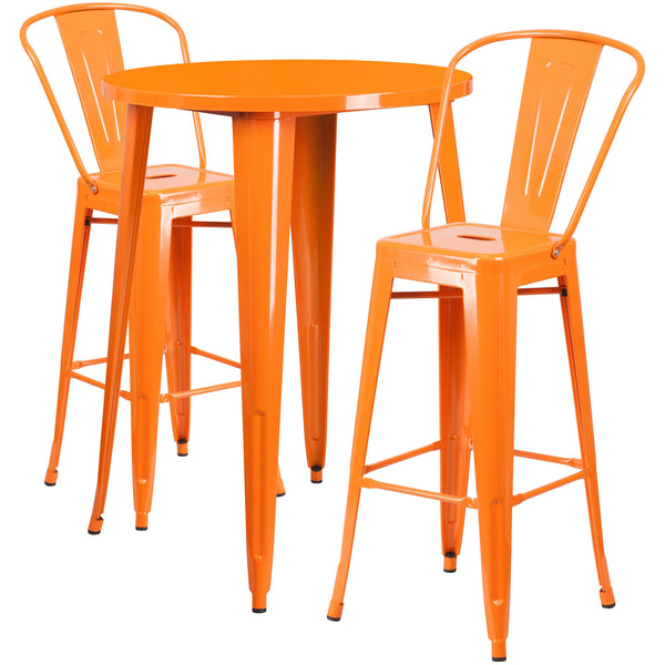 Orange |#| 30inch Round Orange Metal Indoor-Outdoor Bar Table Set with 2 Cafe Stools