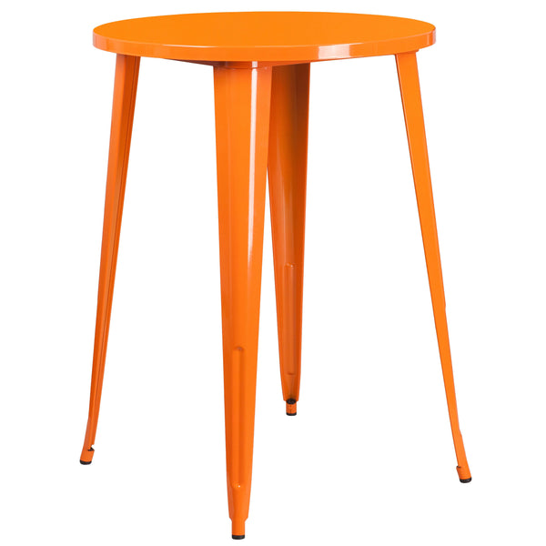 Orange |#| 30inch Round Orange Metal Indoor-Outdoor Bar Table Set with 2 Cafe Stools
