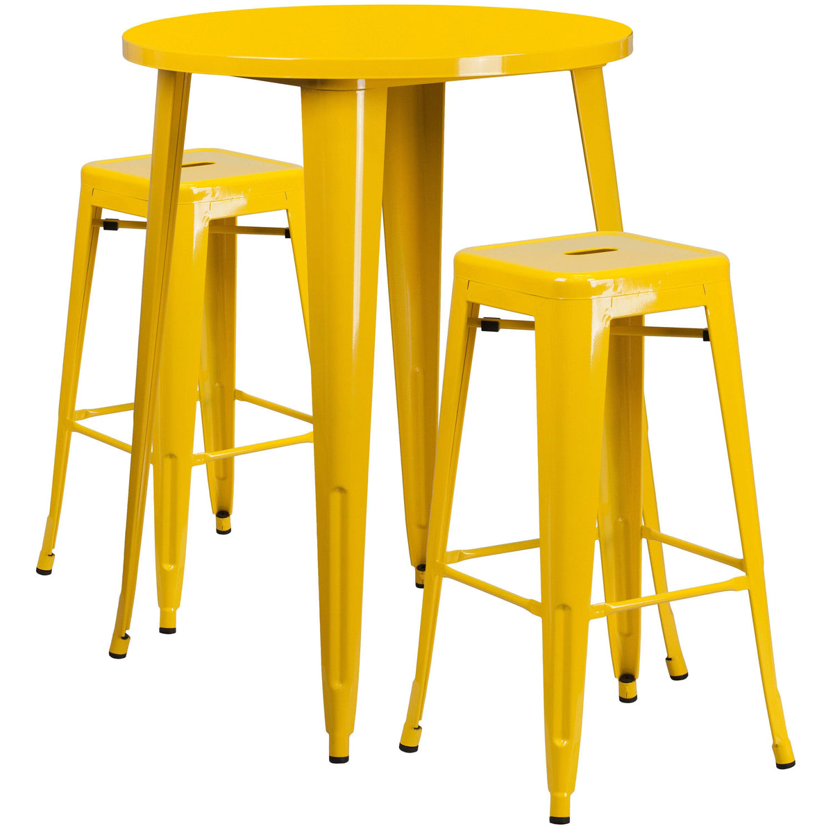 Yellow |#| 30inch Round Yellow Metal Indoor-Outdoor Bar Table Set with 2 Backless Stools