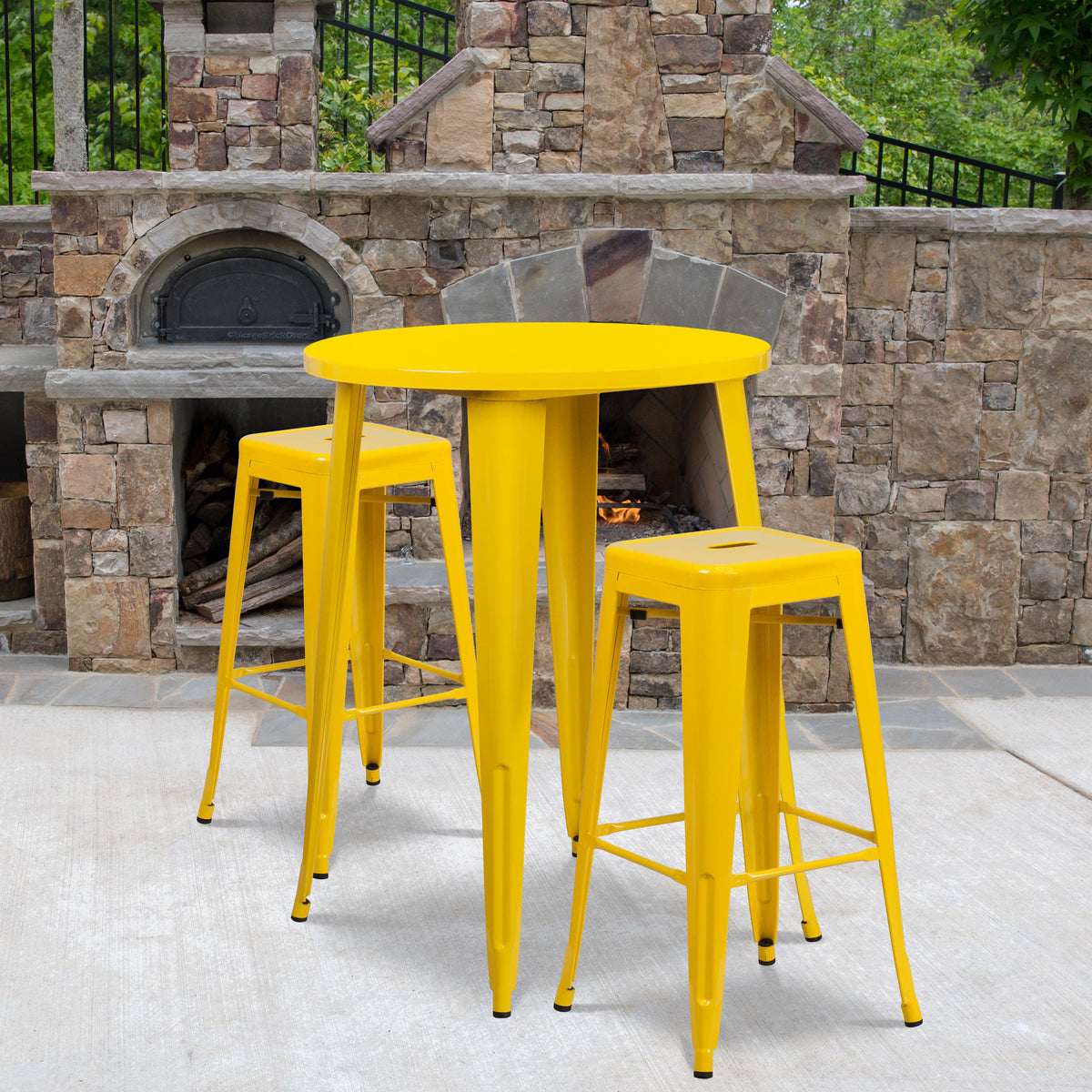 Yellow |#| 30inch Round Yellow Metal Indoor-Outdoor Bar Table Set with 2 Backless Stools