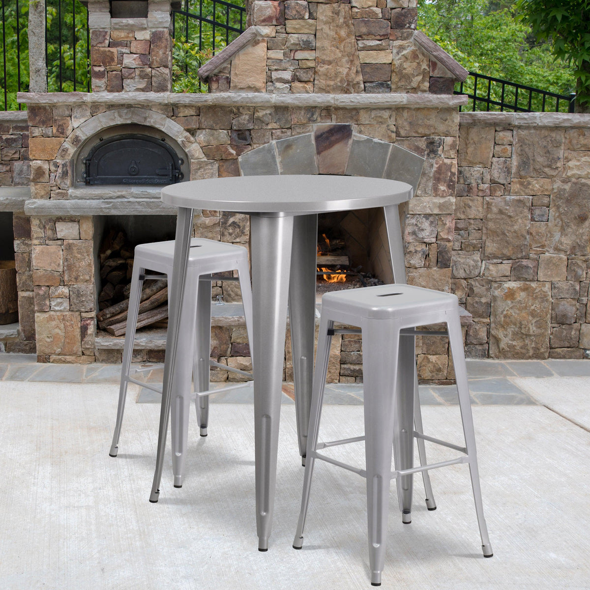 Silver |#| 30inch Round Silver Metal Indoor-Outdoor Bar Table Set with 2 Backless Stools