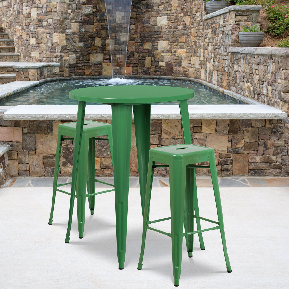 Green |#| 30inch Round Green Metal Indoor-Outdoor Bar Table Set with 2 Backless Stools