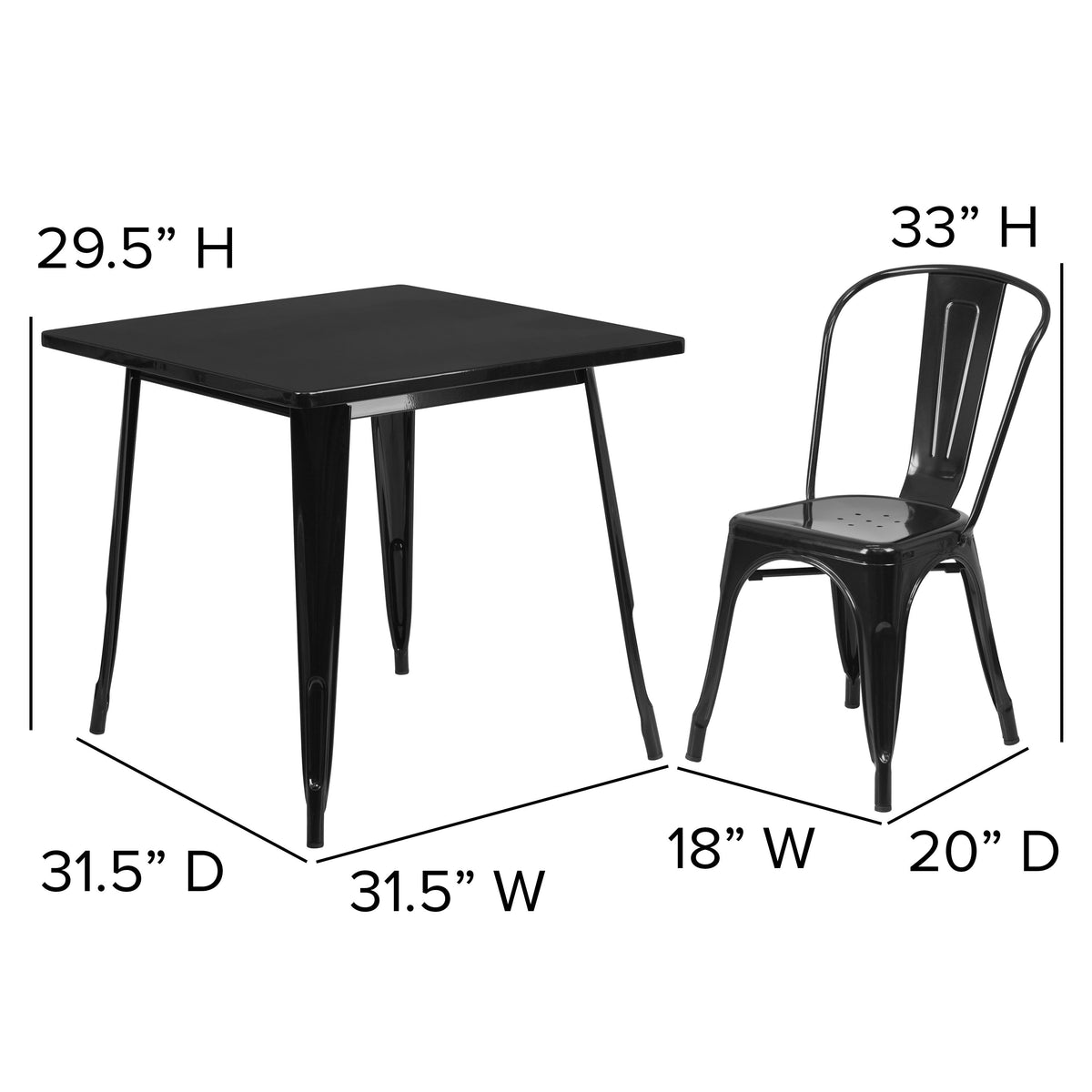Black |#| 31.5inch Square Black Metal Indoor-Outdoor Table Set with 4 Stack Chairs