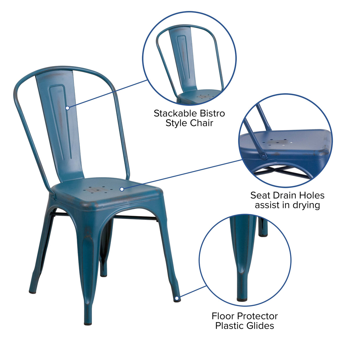 Antique Blue |#| Distressed Antique Blue Metal Indoor-Outdoor Stackable Chair - Kitchen Furniture