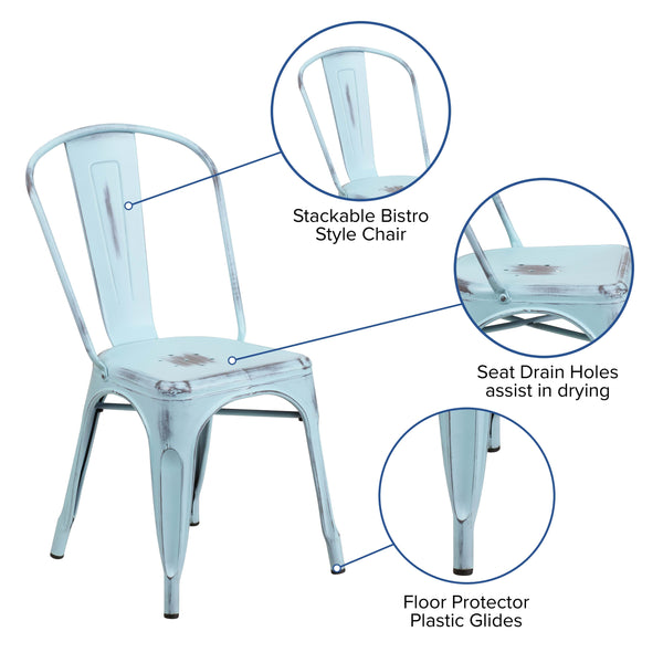 Green-Blue |#| Distressed Green-Blue Metal Indoor-Outdoor Stackable Chair - Kitchen Furniture