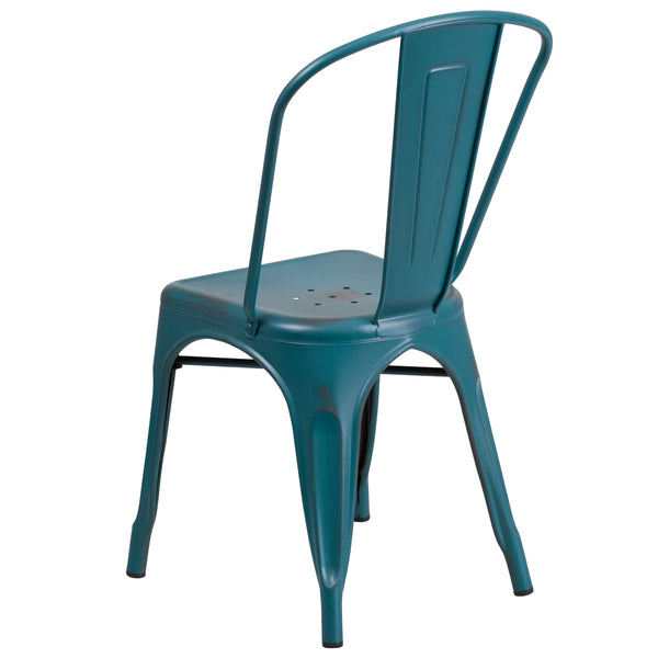 Kelly Blue-Teal |#| Distressed Blue-Teal Metal Indoor-Outdoor Stackable Chair - Kitchen Furniture