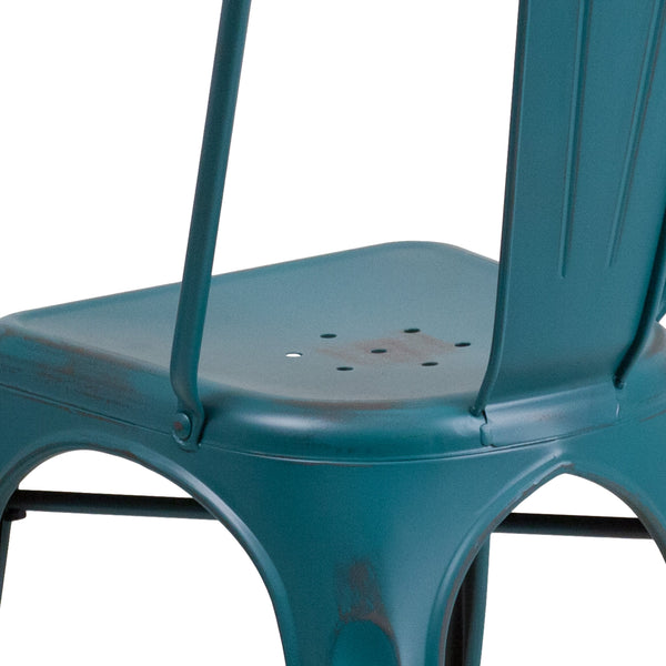 Kelly Blue-Teal |#| Distressed Blue-Teal Metal Indoor-Outdoor Stackable Chair - Kitchen Furniture