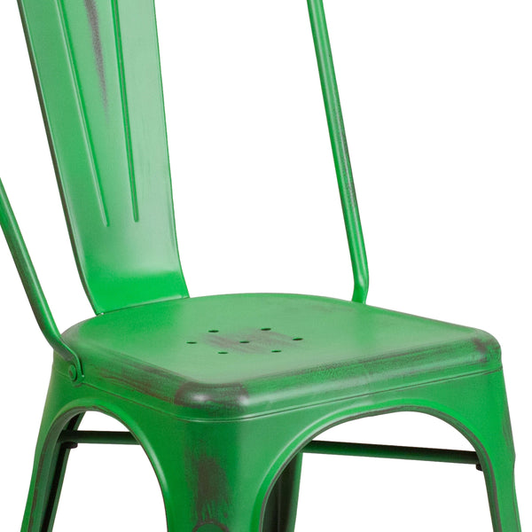 Green |#| Distressed Green Metal Indoor-Outdoor Stackable Chair - Kitchen Furniture