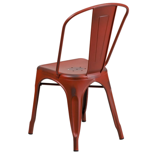 Kelly Red |#| Distressed Kelly Red Metal Indoor-Outdoor Stackable Chair - Kitchen Furniture