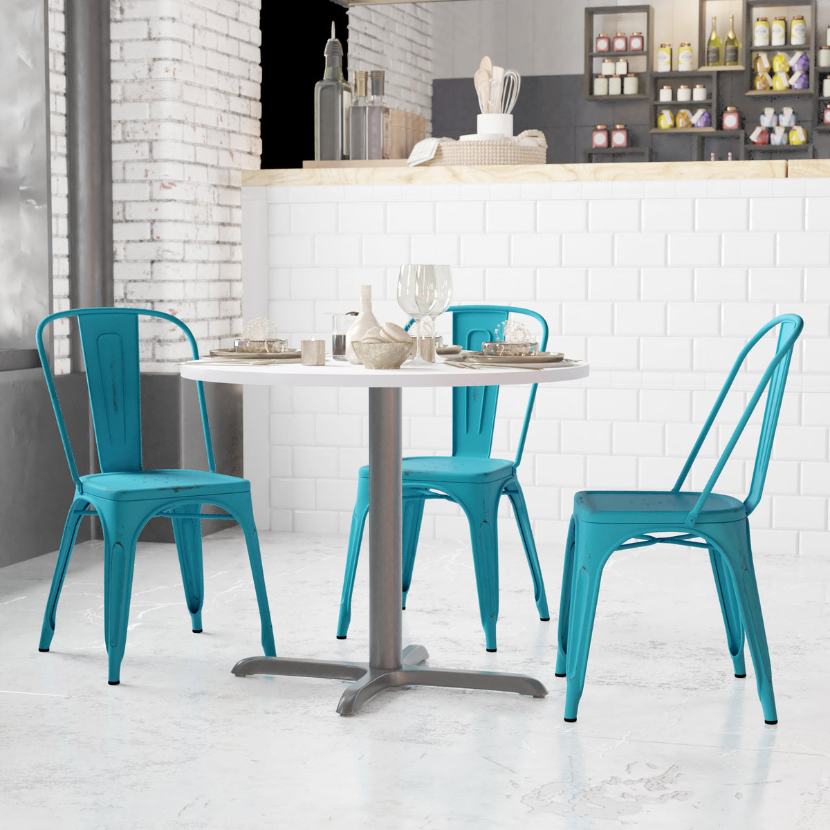 Blue |#| Distressed Blue Metal Indoor-Outdoor Stackable Chair - Kitchen Furniture