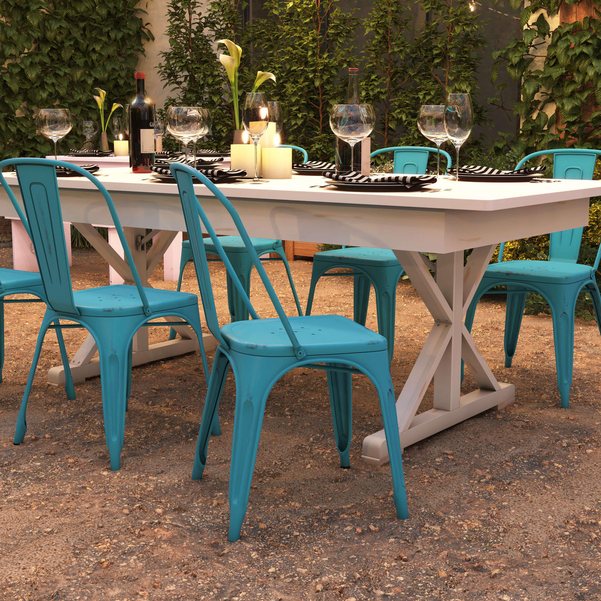 Blue |#| Distressed Blue Metal Indoor-Outdoor Stackable Chair - Kitchen Furniture