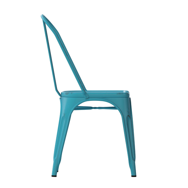 Blue |#| Distressed Blue Metal Indoor-Outdoor Stackable Chair - Kitchen Furniture