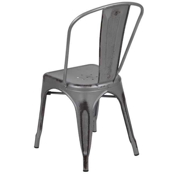 Silver Gray |#| Distressed Silver Gray Metal Indoor-Outdoor Stackable Cafe Bistro Dining Chair