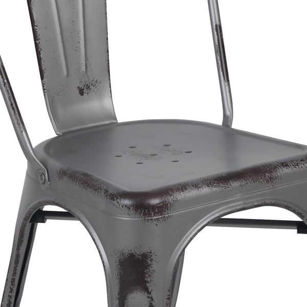 Silver Gray |#| Distressed Silver Gray Metal Indoor-Outdoor Stackable Cafe Bistro Dining Chair