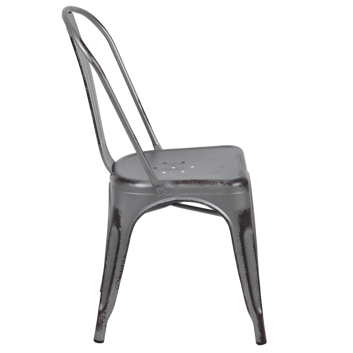 Silver Gray |#| Distressed Silver Gray Metal Indoor-Outdoor Stackable Cafe Bistro Dining Chair