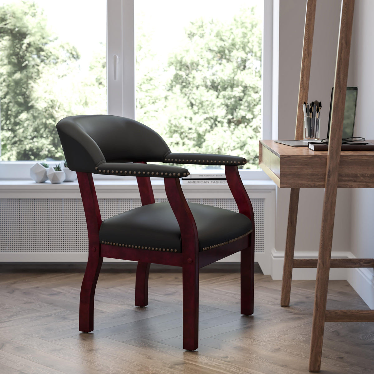 Black LeatherSoft |#| Black LeatherSoft Conference Chair with Accent Nail Trim - Library Chair