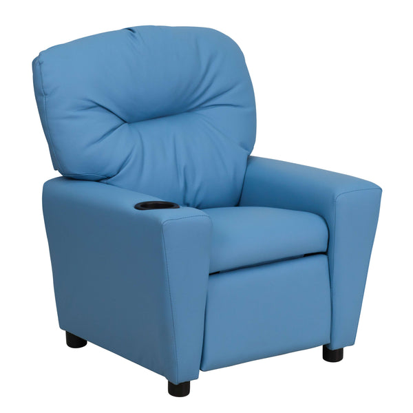 Light Blue Vinyl |#| Contemporary Light Blue Vinyl Kids Recliner with Cup Holder - Hardwood Frame