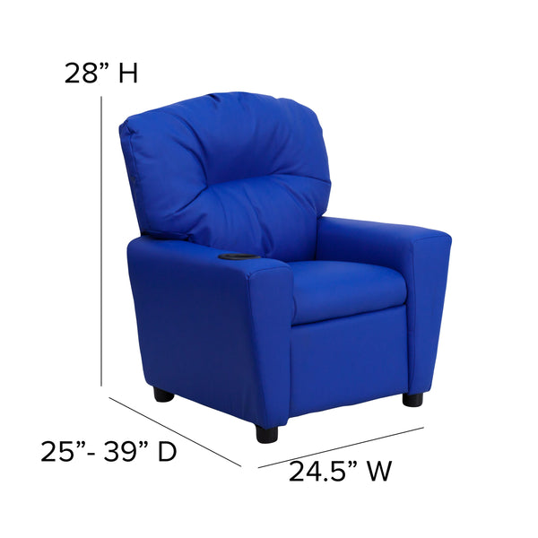 Blue Vinyl |#| Contemporary Blue Vinyl Kids Recliner with Cup Holder - Hardwood Frame