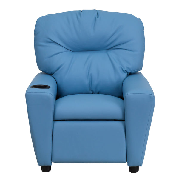 Light Blue Vinyl |#| Contemporary Light Blue Vinyl Kids Recliner with Cup Holder - Hardwood Frame