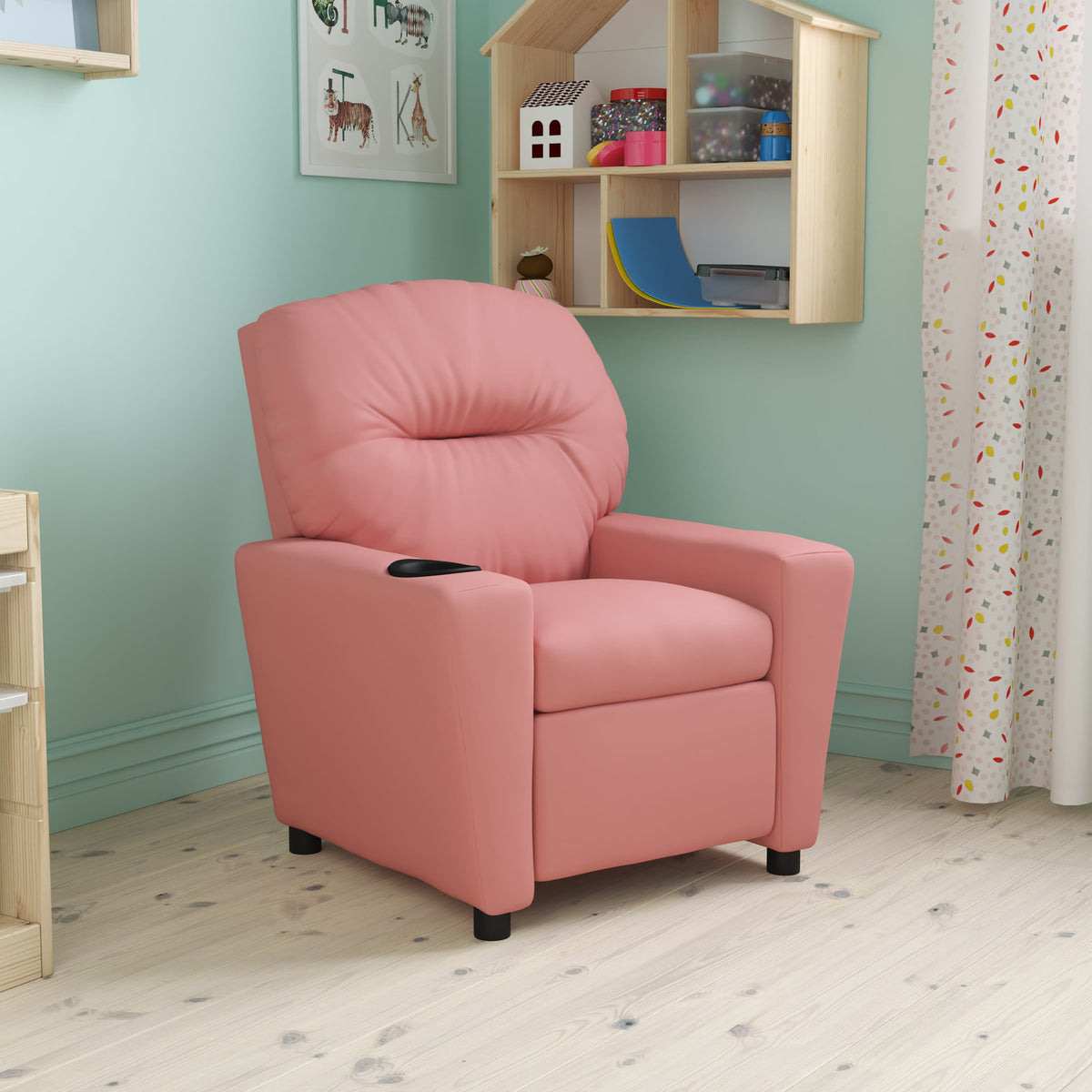 Pink Vinyl |#| Contemporary Pink Vinyl Kids Recliner with Cup Holder - Hardwood Frame