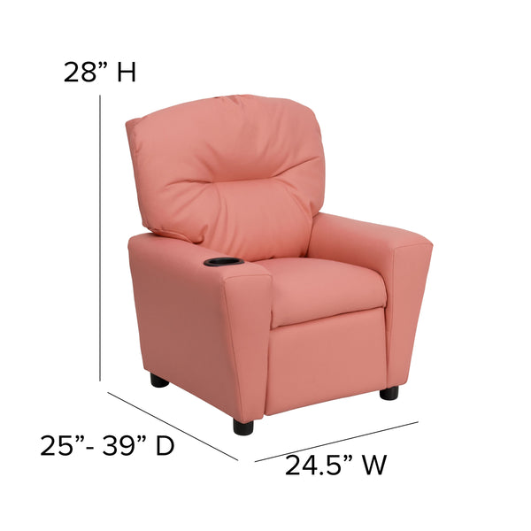 Pink Vinyl |#| Contemporary Pink Vinyl Kids Recliner with Cup Holder - Hardwood Frame