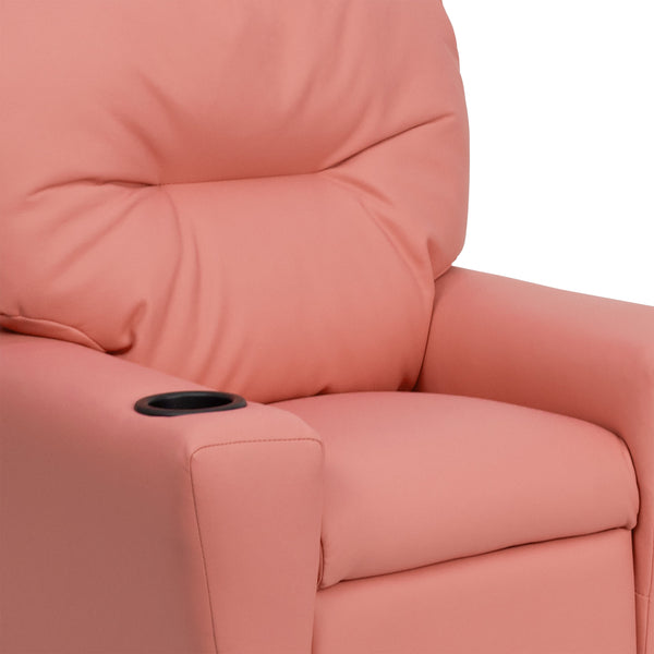 Pink Vinyl |#| Contemporary Pink Vinyl Kids Recliner with Cup Holder - Hardwood Frame