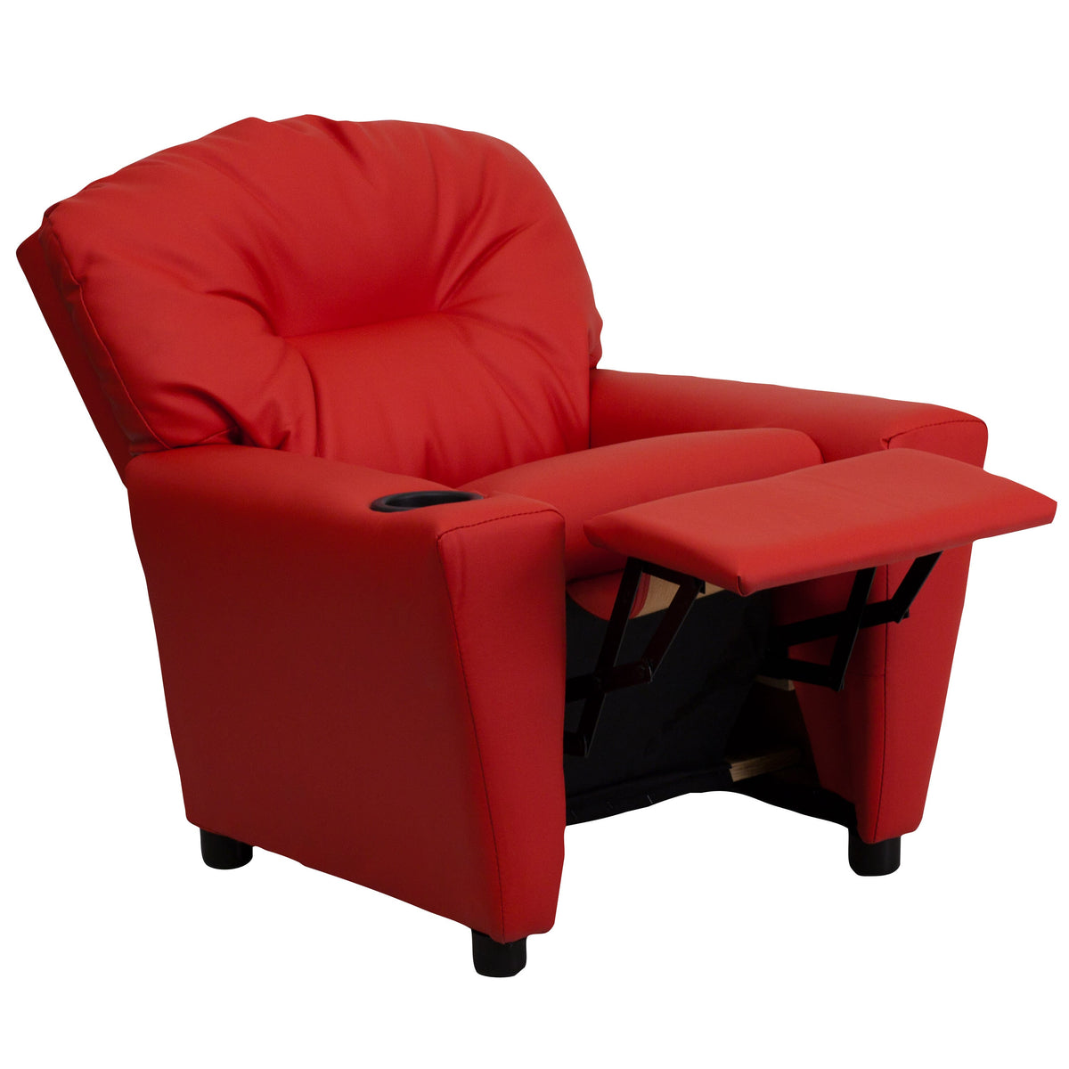 Red Vinyl |#| Contemporary Red Vinyl Kids Recliner with Cup Holder - Hardwood Frame