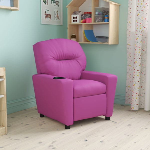 Hot Pink Vinyl |#| Contemporary Hot Pink Vinyl Kids Recliner with Cup Holder - Hardwood Frame