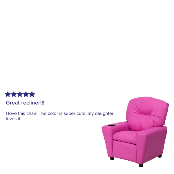 Hot Pink Vinyl |#| Contemporary Hot Pink Vinyl Kids Recliner with Cup Holder - Hardwood Frame