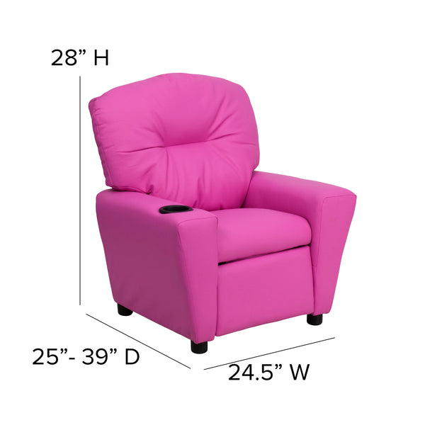 Hot Pink Vinyl |#| Contemporary Hot Pink Vinyl Kids Recliner with Cup Holder - Hardwood Frame