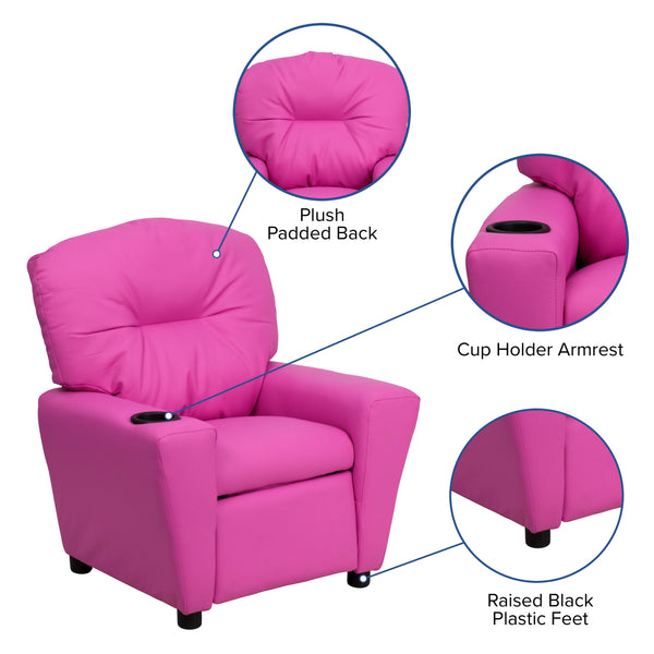 Hot Pink Vinyl |#| Contemporary Hot Pink Vinyl Kids Recliner with Cup Holder - Hardwood Frame