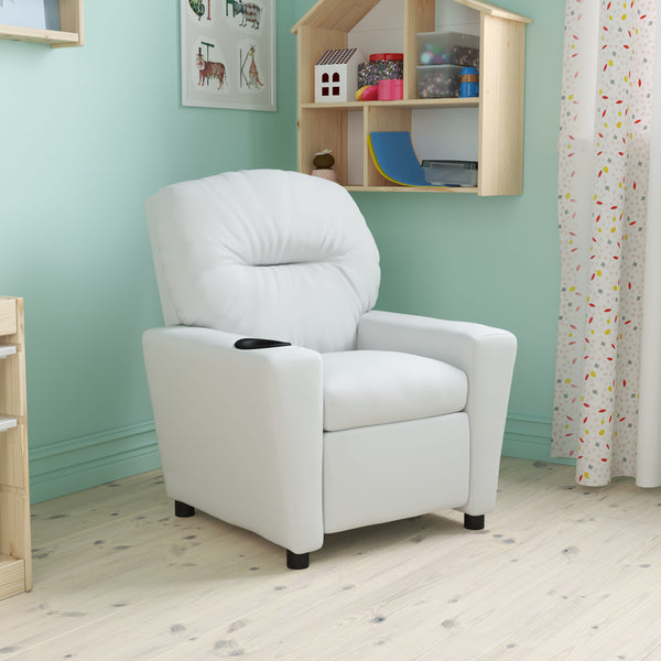 White Vinyl |#| Contemporary White Vinyl Kids Recliner with Cup Holder - Hardwood Frame