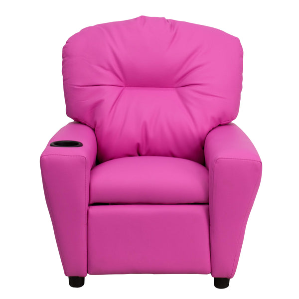 Hot Pink Vinyl |#| Contemporary Hot Pink Vinyl Kids Recliner with Cup Holder - Hardwood Frame