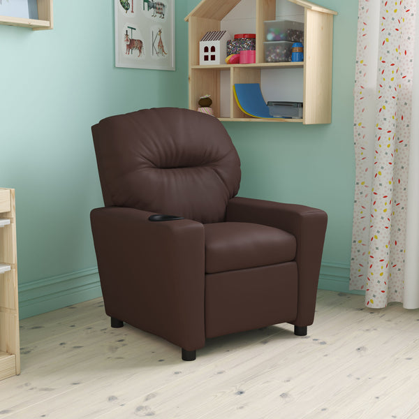 Brown LeatherSoft |#| Contemporary Brown LeatherSoft Kids Recliner with Cup Holder - Hardwood Frame