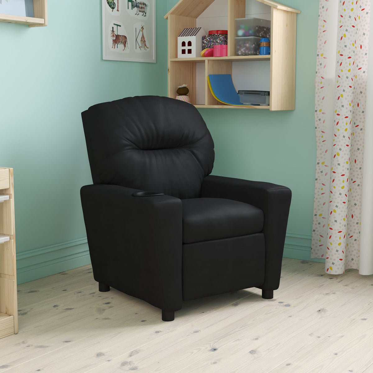 Black LeatherSoft |#| Contemporary Black LeatherSoft Kids Recliner with Cup Holder - Hardwood Frame