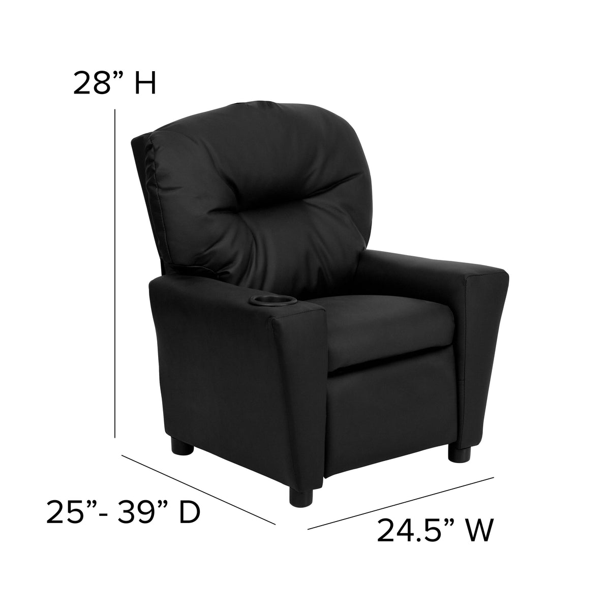 Black LeatherSoft |#| Contemporary Black LeatherSoft Kids Recliner with Cup Holder - Hardwood Frame