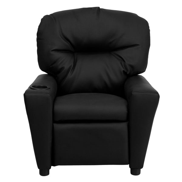 Black LeatherSoft |#| Contemporary Black LeatherSoft Kids Recliner with Cup Holder - Hardwood Frame