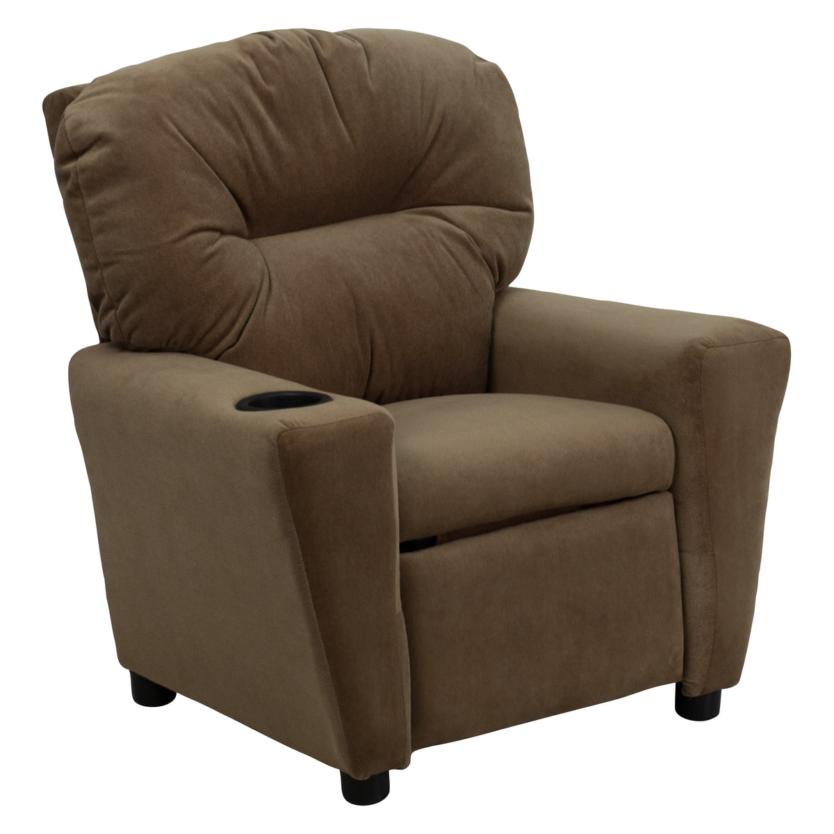 Brown Microfiber |#| Contemporary Brown Microfiber Kids Recliner with Cup Holder - Hardwood Frame