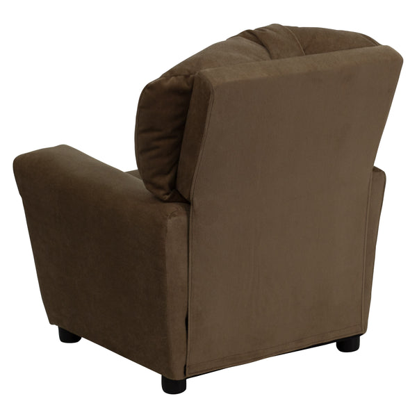 Brown Microfiber |#| Contemporary Brown Microfiber Kids Recliner with Cup Holder - Hardwood Frame