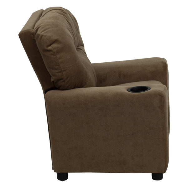 Brown Microfiber |#| Contemporary Brown Microfiber Kids Recliner with Cup Holder - Hardwood Frame