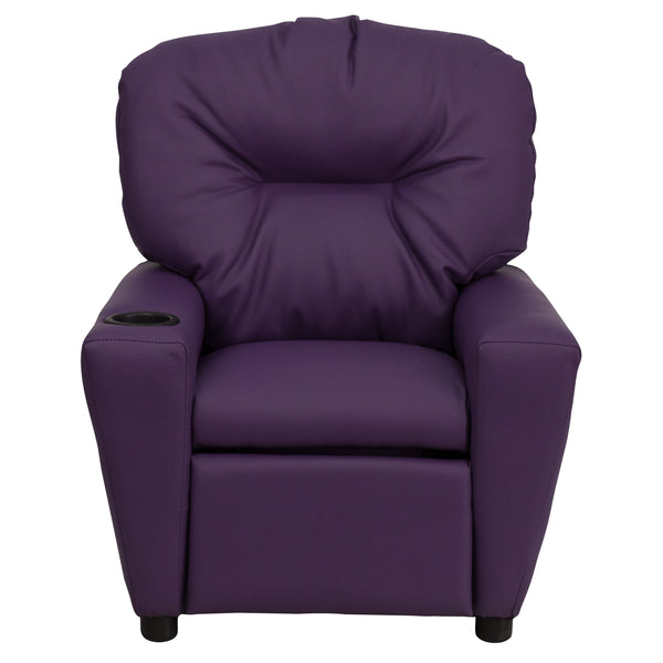 Purple Vinyl |#| Contemporary Purple Vinyl Kids Recliner with Cup Holder - Hardwood Frame