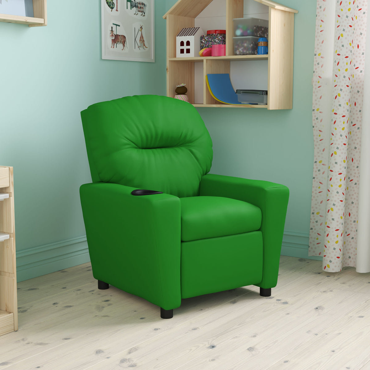 Green Vinyl |#| Contemporary Green Vinyl Kids Recliner with Cup Holder - Hardwood Frame