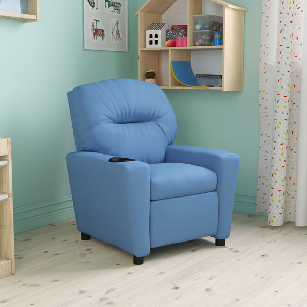 Light Blue Vinyl |#| Contemporary Light Blue Vinyl Kids Recliner with Cup Holder - Hardwood Frame