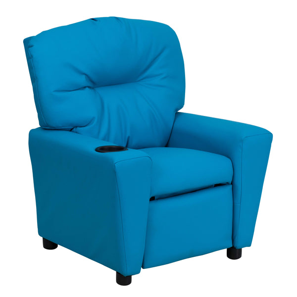 Turquoise Vinyl |#| Contemporary Turquoise Vinyl Kids Recliner with Cup Holder - Hardwood Frame