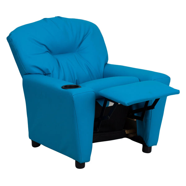 Turquoise Vinyl |#| Contemporary Turquoise Vinyl Kids Recliner with Cup Holder - Hardwood Frame