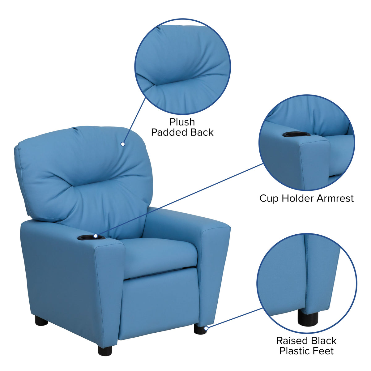 Light Blue Vinyl |#| Contemporary Light Blue Vinyl Kids Recliner with Cup Holder - Hardwood Frame