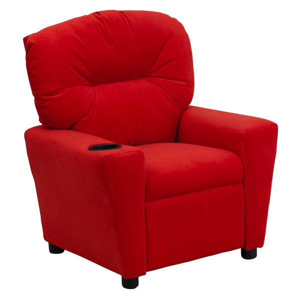 Red Microfiber |#| Contemporary Red Microfiber Kids Recliner with Cup Holder - Hardwood Frame