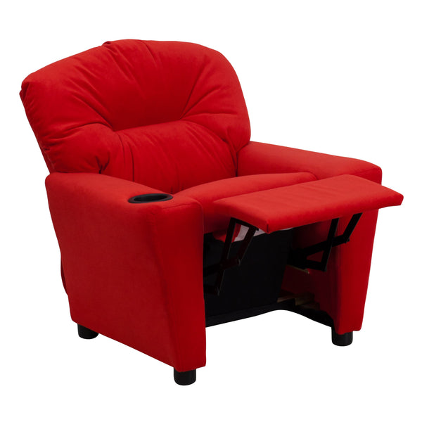 Red Microfiber |#| Contemporary Red Microfiber Kids Recliner with Cup Holder - Hardwood Frame