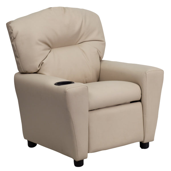 Beige Vinyl |#| Contemporary Beige Vinyl Kids Recliner with Cup Holder - Hardwood Frame